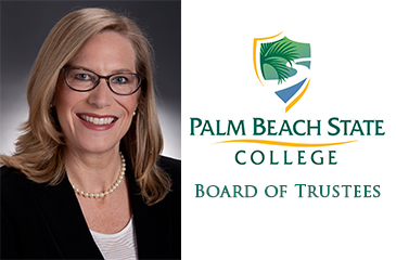 From left to right Darcy Davis, Palm Beach State College logo with text that reads Board of Trustees